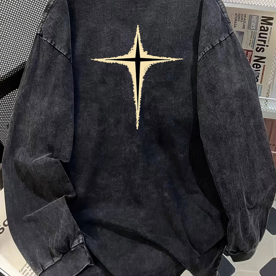 Unisex sweatshirt med stjärnmönster, lång ärm, svart/mörkgrå, tvättad look