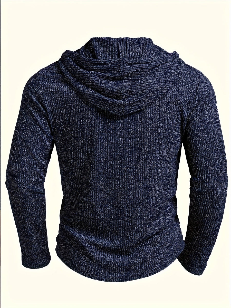 Marinblå Ribbstickad Herrhoodie med Knappar och Dragsko