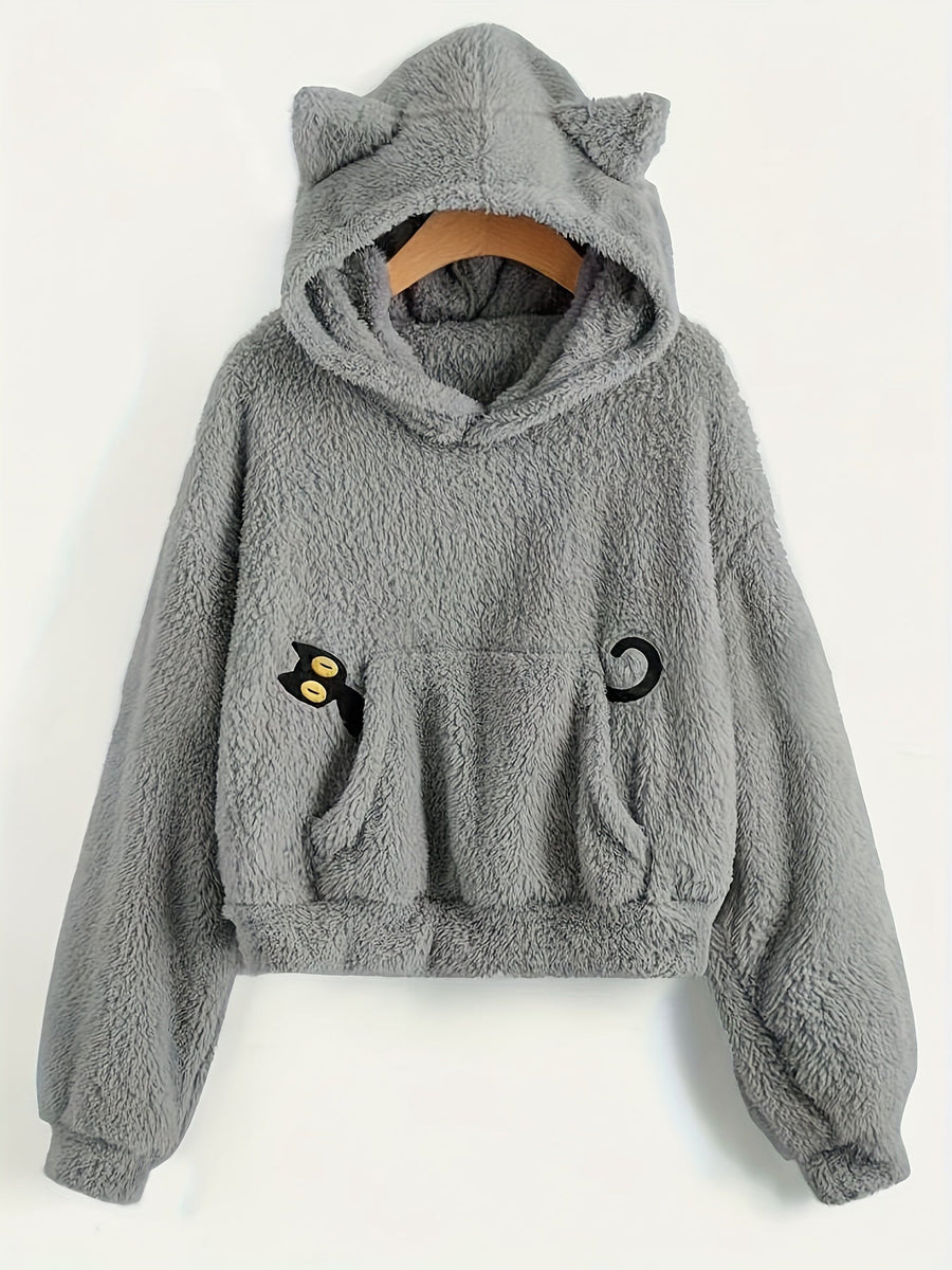 Grå fluffig hoodie med kattöron och kattapplikation, mjuk mysig tröja med huva