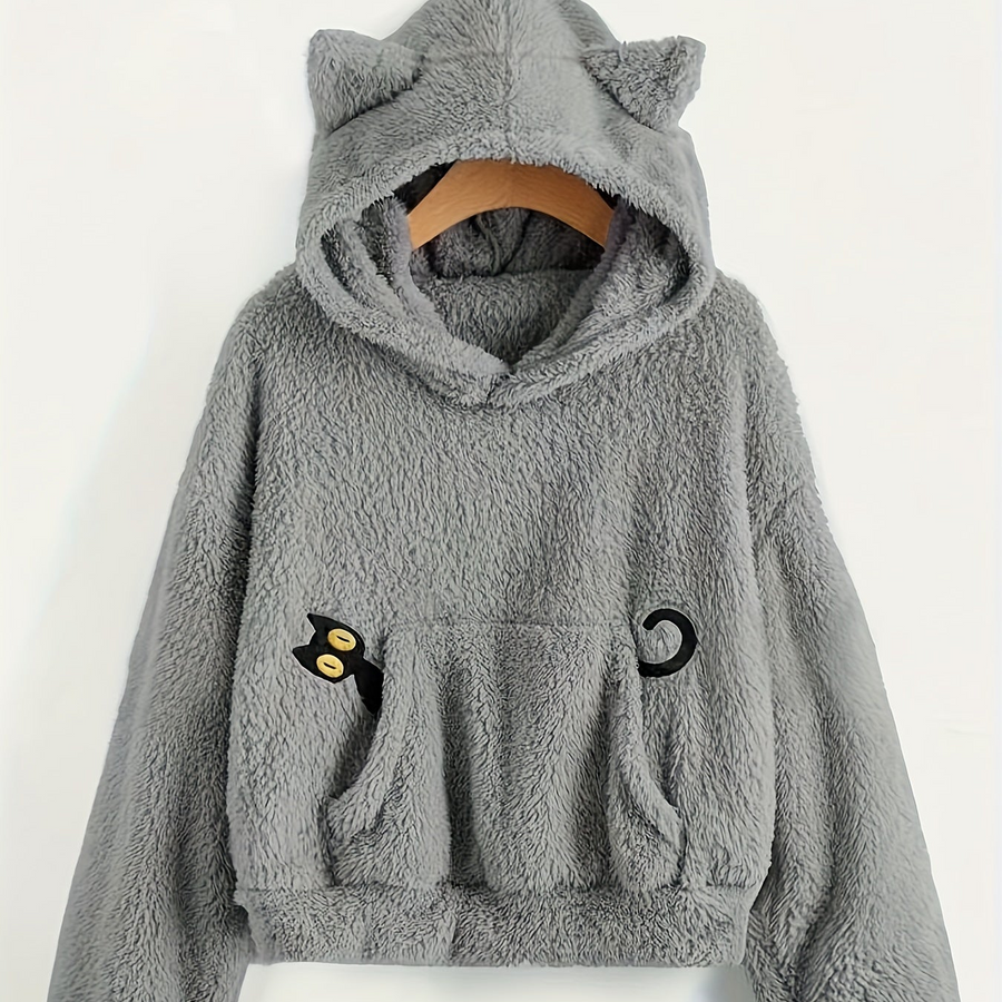 Grå fluffig hoodie med kattöron och kattapplikation, mjuk mysig tröja med huva