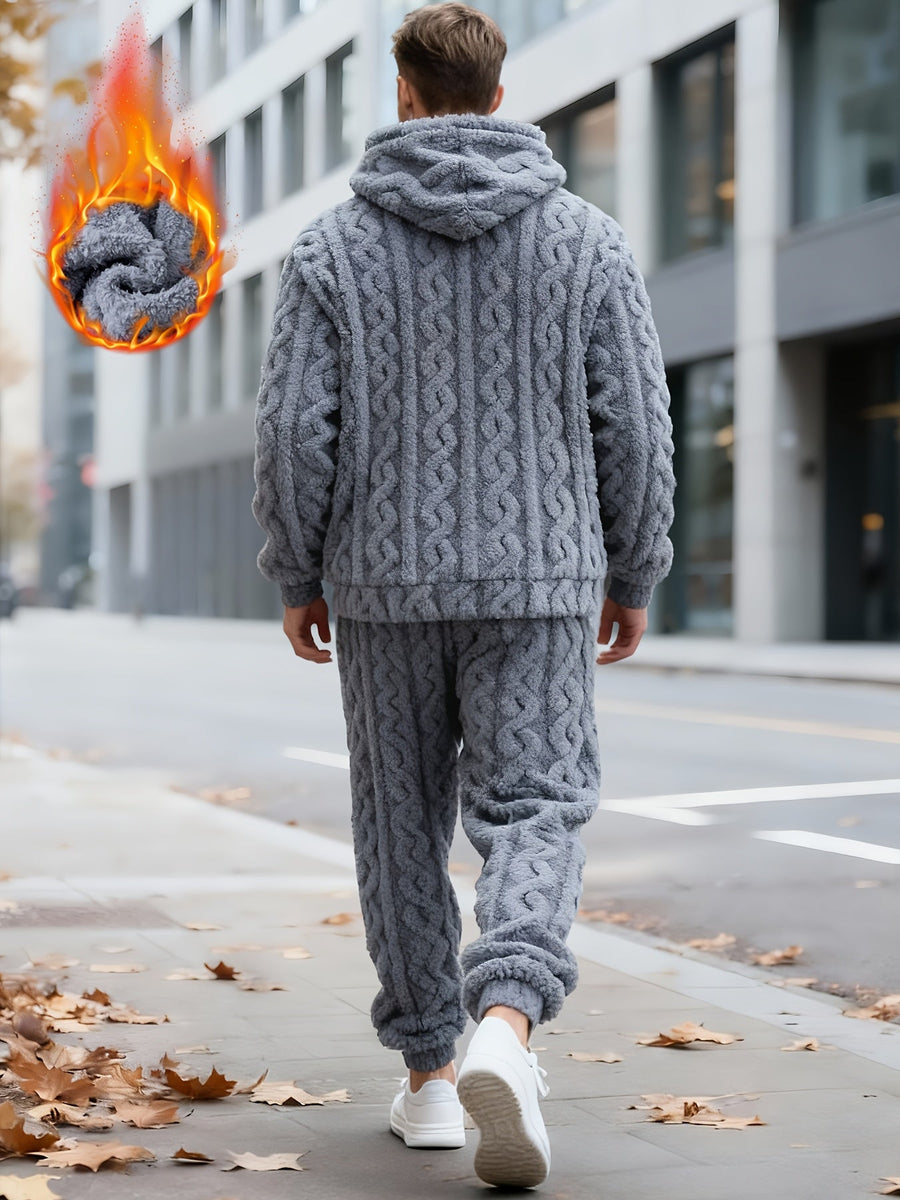 Herr Fluffig Hoodie och Byxor Set med Kabelstickat Mönster, Varm Mjuk Pyjamasdräkt