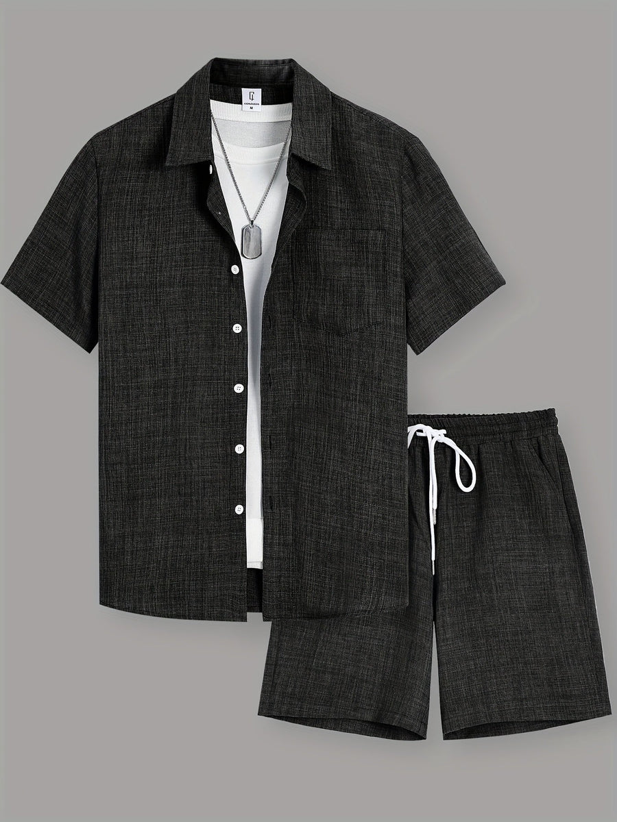 Herr Kortärmad Skjorta och Shorts Set – Avslappnad Sommarlook för Fritid och Semester