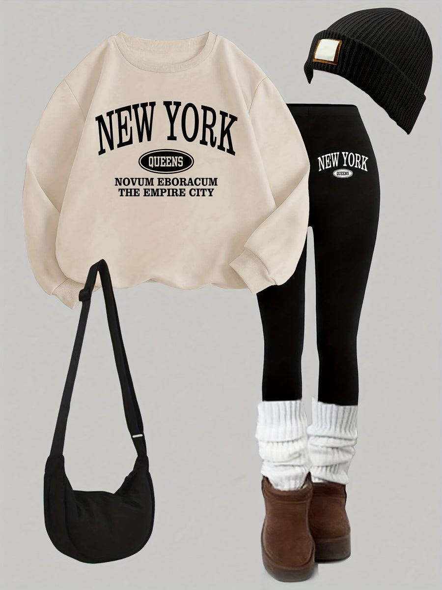 Dam Tröja & Leggings Set med New York-tryck, Rundhals, Långa Ärmar