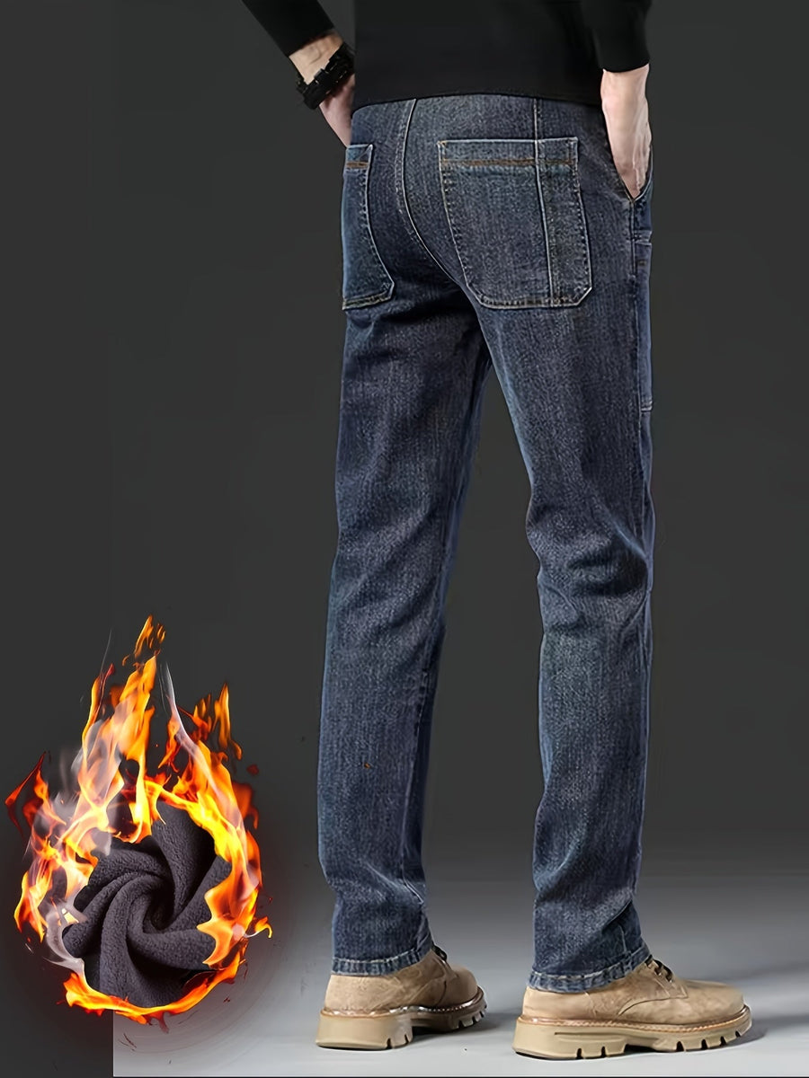 Herrjeans med fleecefoder svarta med raka ben och cargofickor