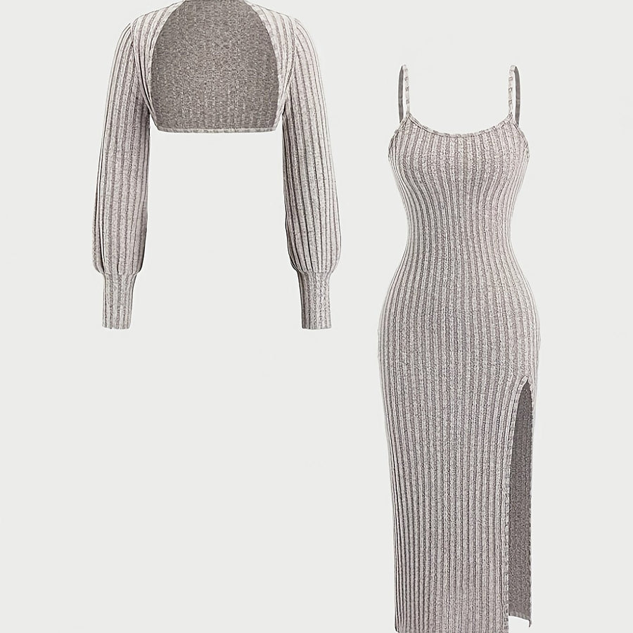 Ribbad klänning med slits och matchande bolero för dam
