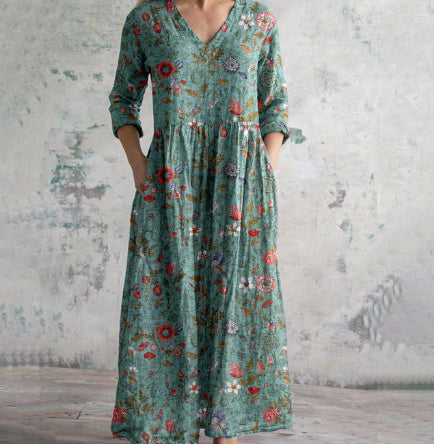 Damklänning Bohemisk Långärmad V-ringad Blommig Vintage Stil – Perfekt för Vardag och Fester