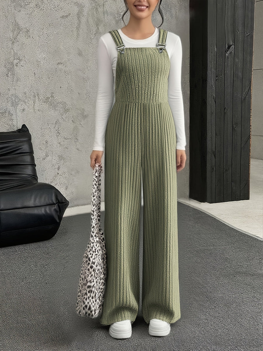 Grå Ribbad Jumpsuit med Vida Ben och Hängslen för Dam
