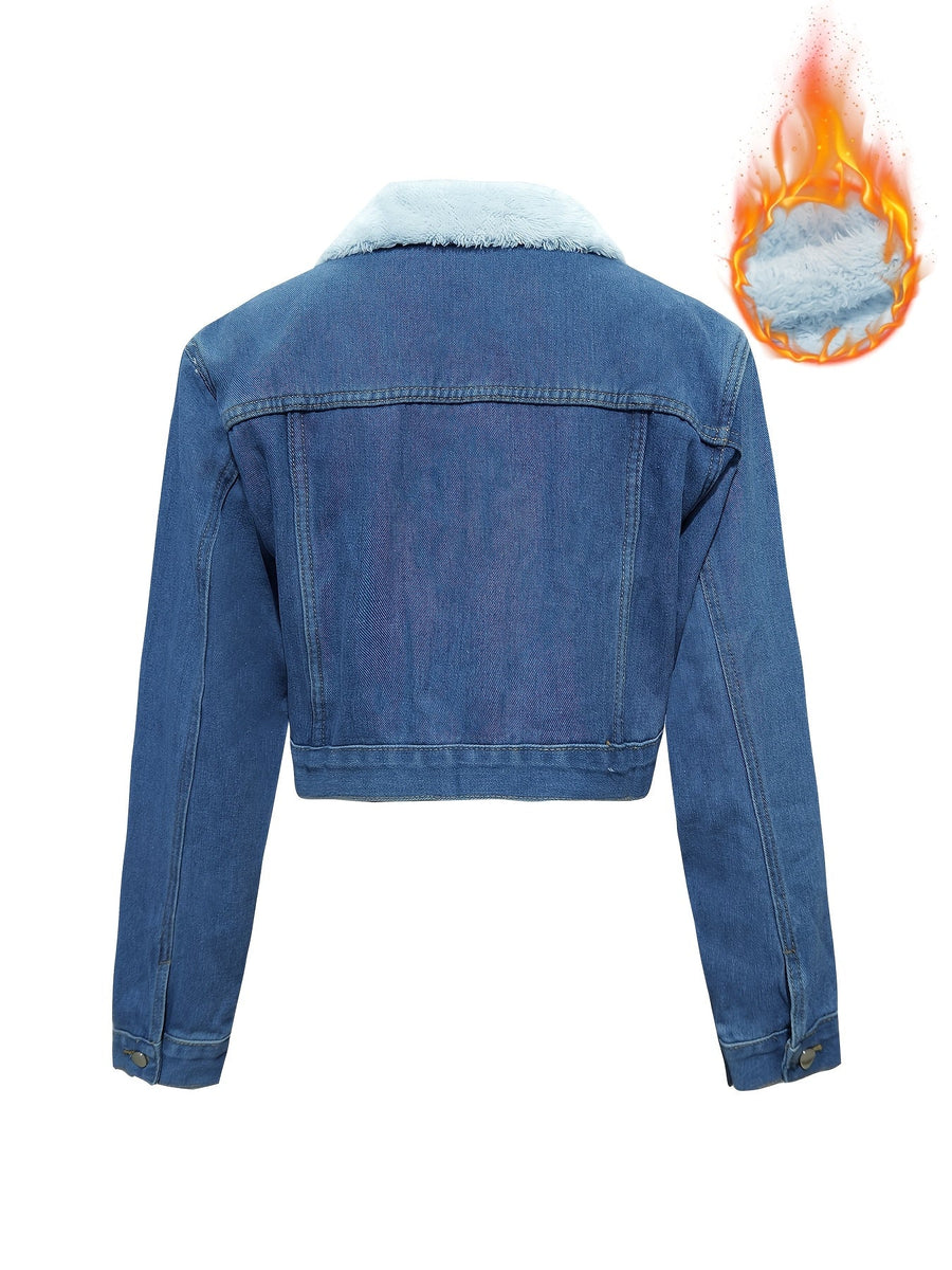 Blå jeansjacka med teddyfoder, kort modell för dam
