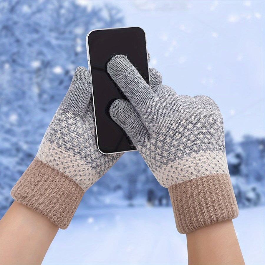 Mönstrade stickade handskar med ribbad mudd, touchscreen-kompatibel