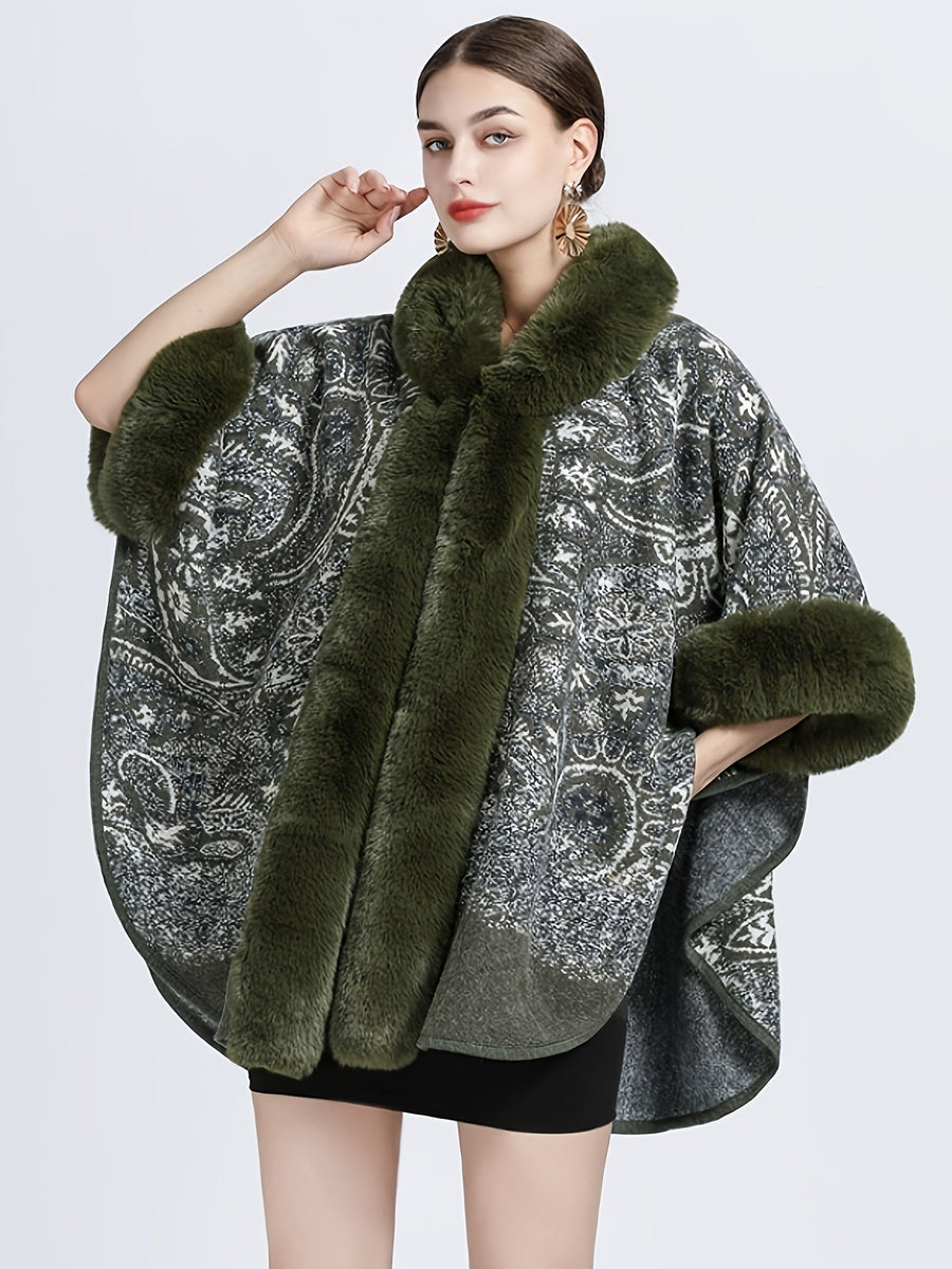 Mönstrad Poncho med Fuskpälsdetaljer och Huva Brun