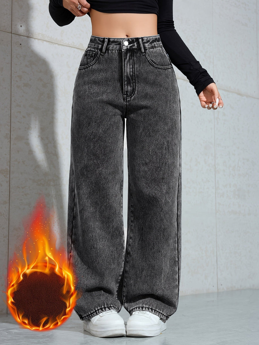 Damjeans med hög midja, raka ben och mjukt foder – kolsvart tvätt