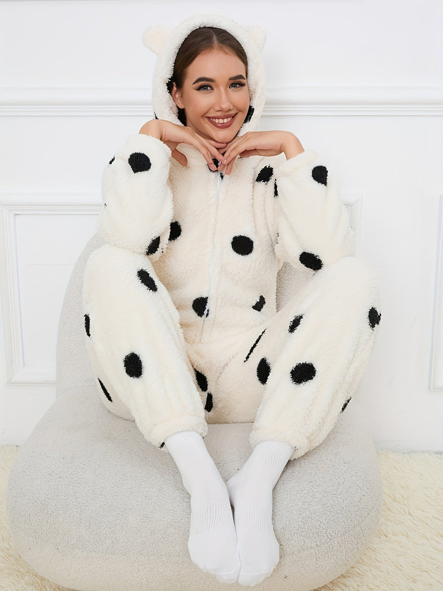 Rosa Fluffig Onesie med Björnmönster och Huva med Öron