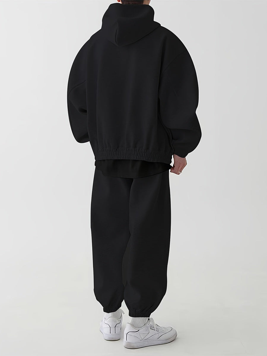 Hoodie och Mjukisbyxor Set, Ensfärgad Träningsset med Dragkedja