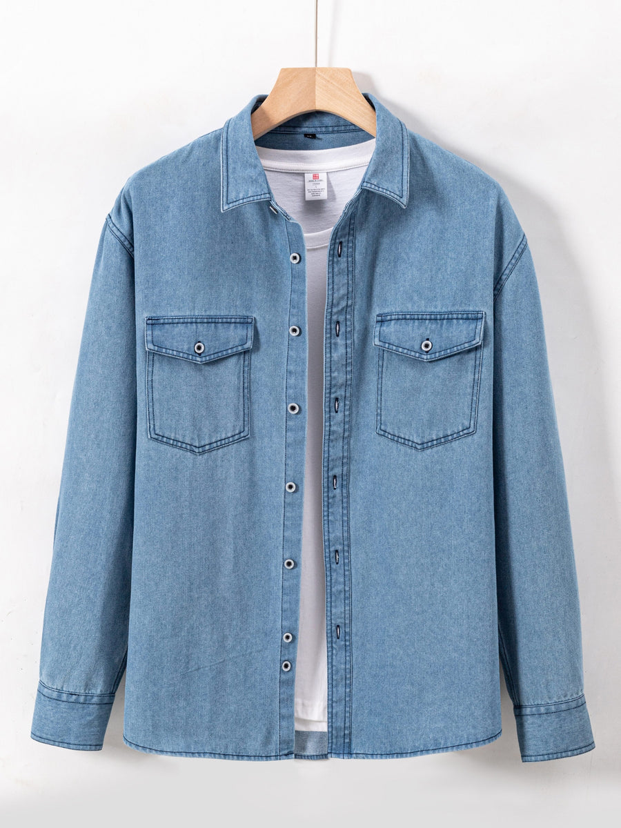 Jeansskjorta med lång ärm och bröstfickor i denimlook