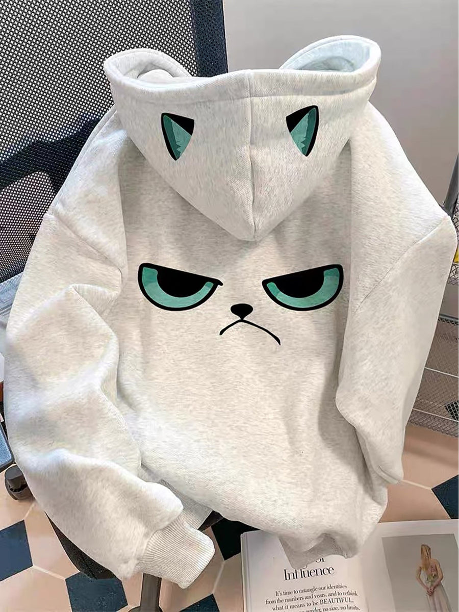 Ljusgrå huvtröja med "grumpy cat" tryck och öron på huvan
