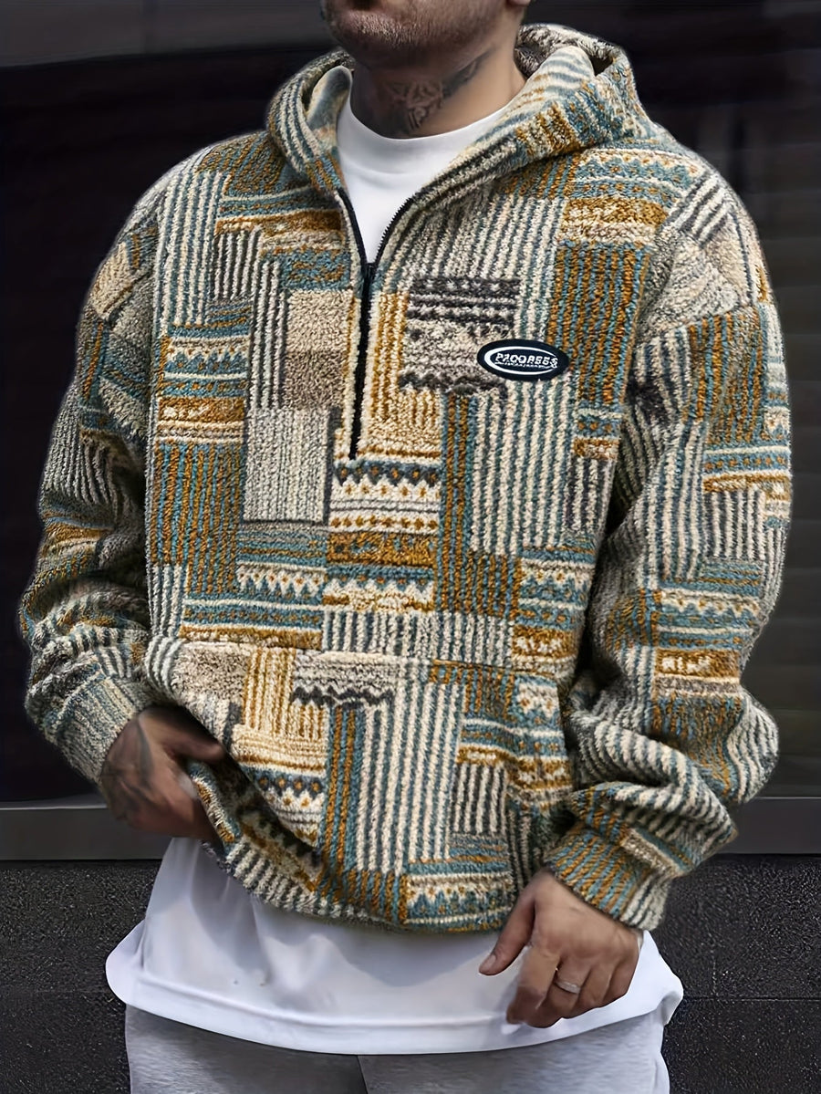 Hoodie med lapptäcksmönster och dragkedja i mjukt material