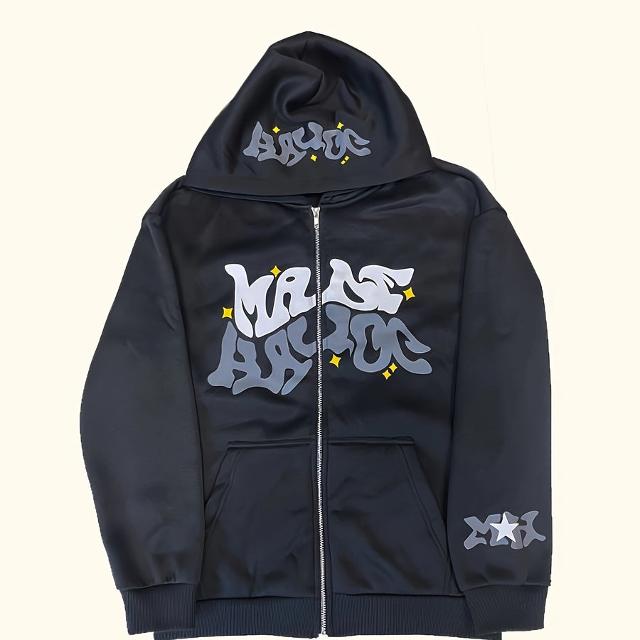 Svart huvtröja med dragkedja och grafiskt tryck, unisex
