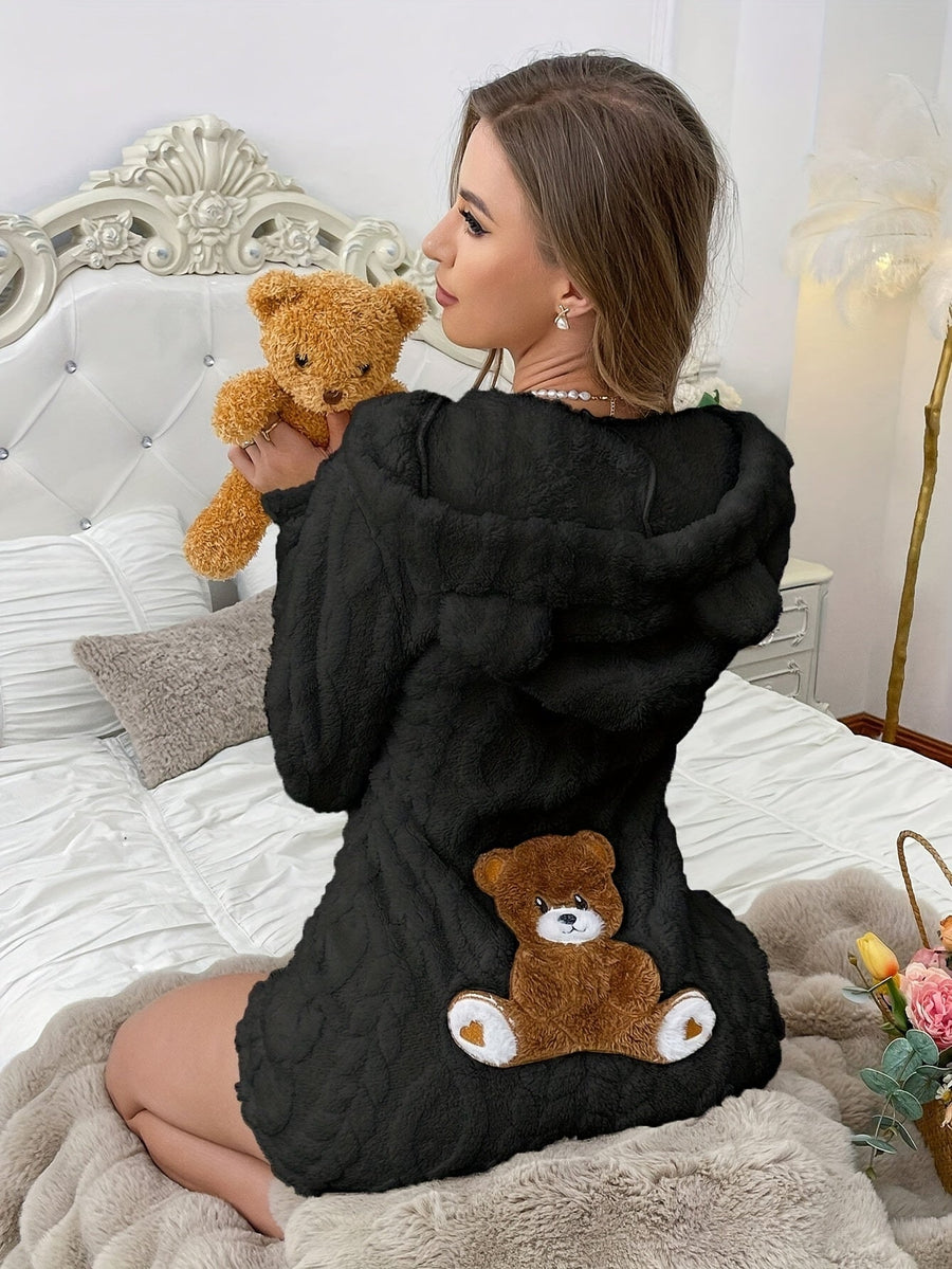 Mysig Teddybjörnsoverall för Dam, Kort Overall med Huva och Dragkedja, Svart eller Vit