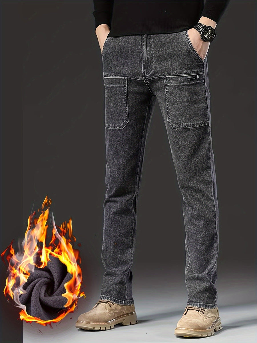 Herrjeans med fleecefoder svarta med raka ben och cargofickor