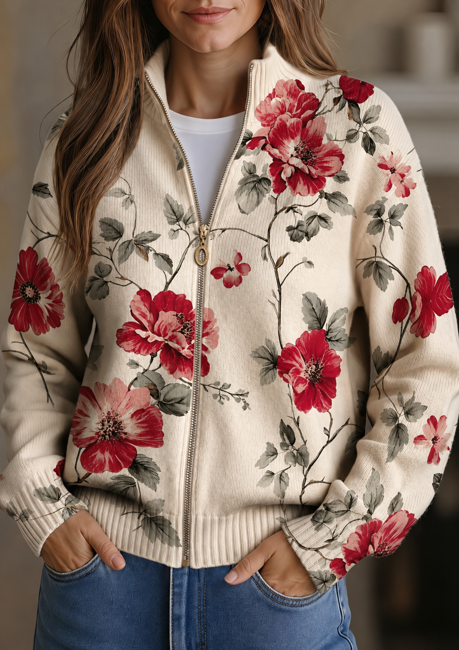 Kvinnlig Tröja med Hel Dragkedja, Krage och Blomstermönster i Beige med Röda Blommor