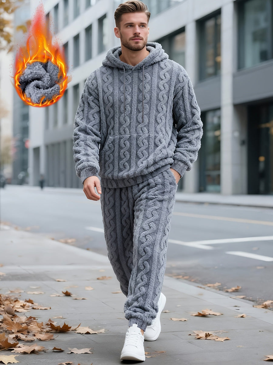 Herr Fluffig Hoodie och Byxor Set med Kabelstickat Mönster, Varm Mjuk Pyjamasdräkt