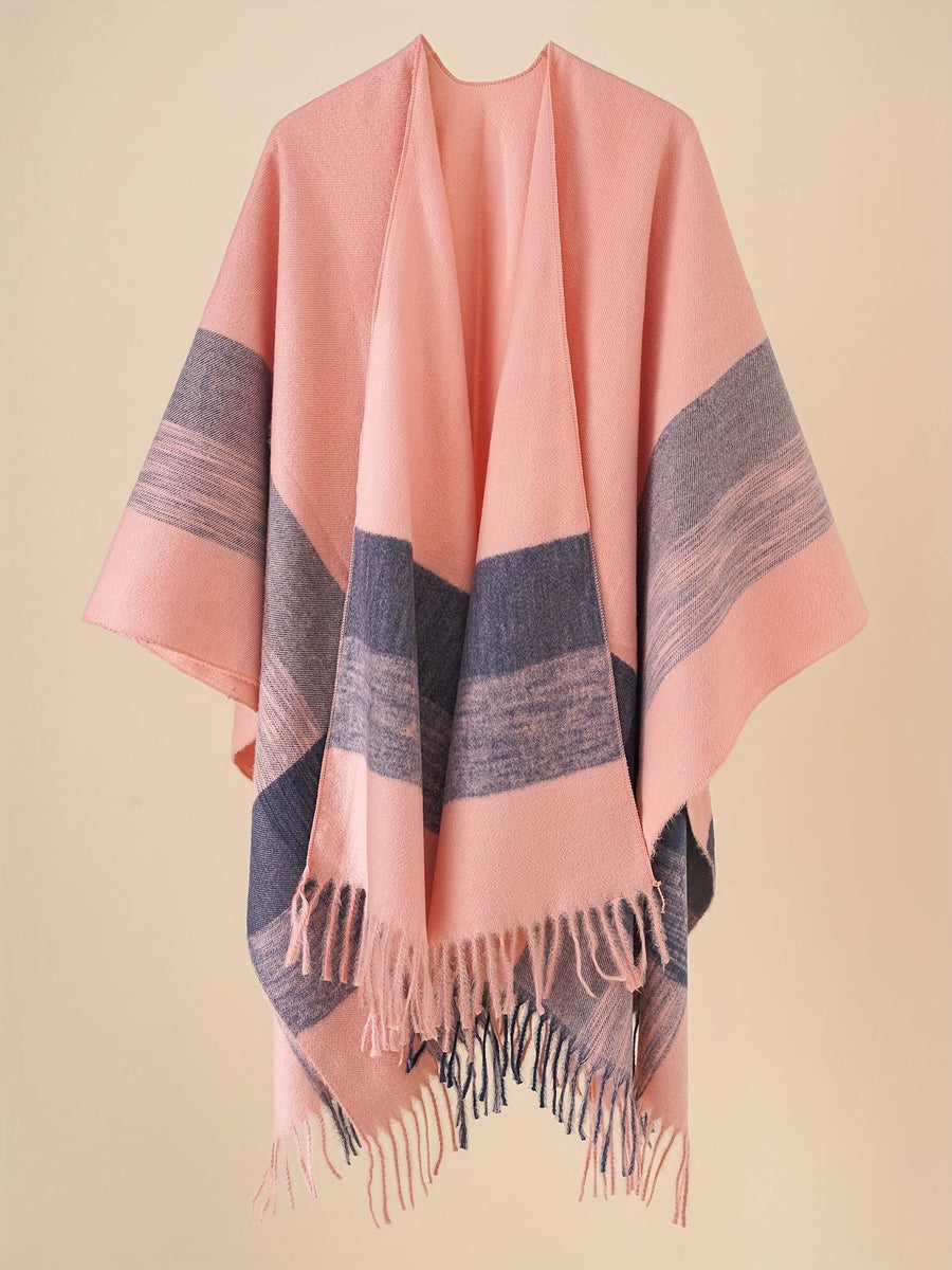 Women's Fringe Trim Open Front Poncho Cape