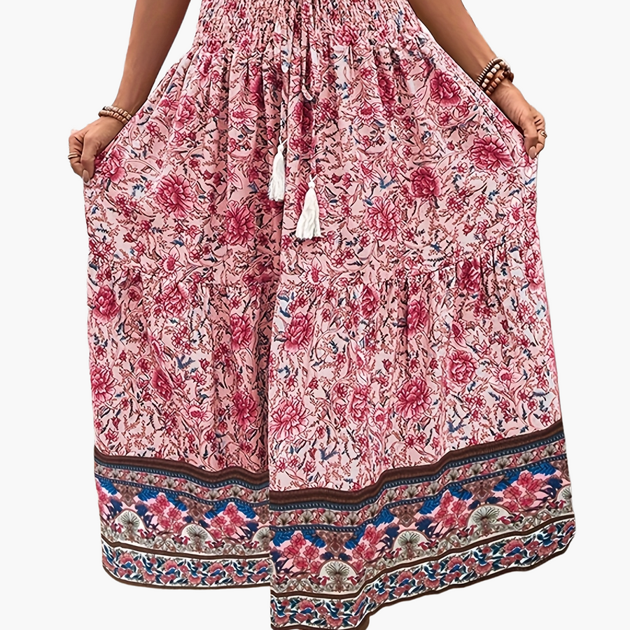 Dam Kjol Boho Lång Blommig Elegant Sommarmode Fickor