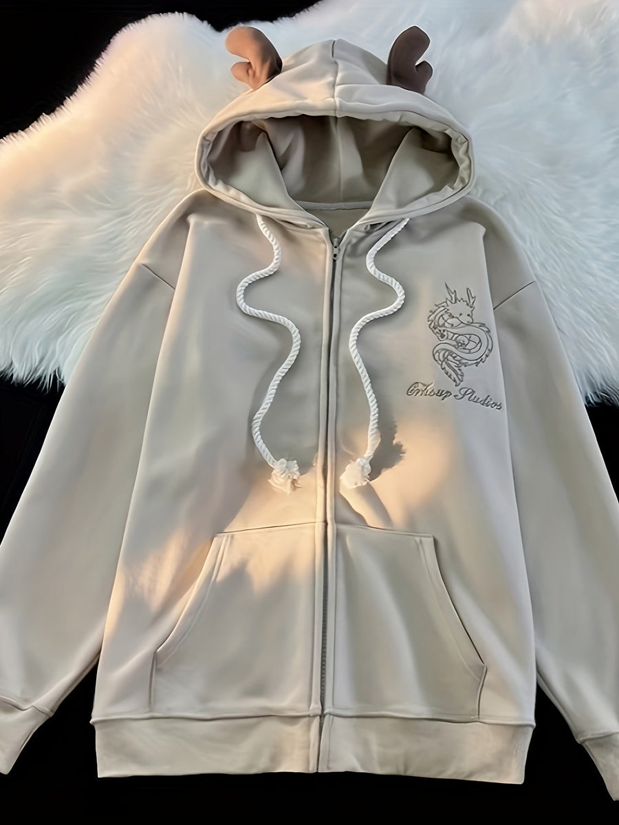 Beige Hoodie med Drakmönster och Horn, Dragkedja, Ribbade Muddar, Lös Passform