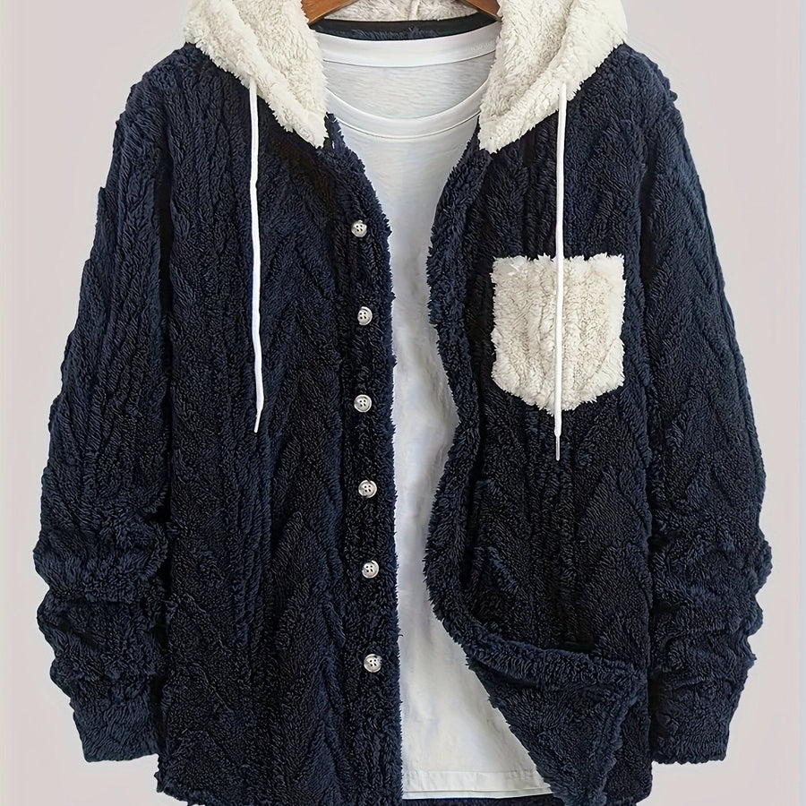 Hoodie i teddyfleece med knappar och ficka, fiskbensmönstrad