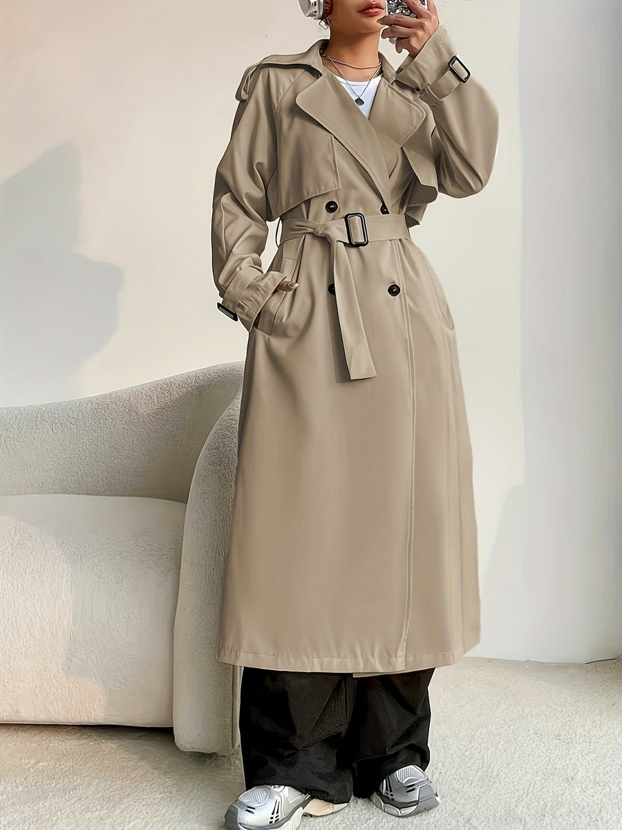 Dam Trenchcoat Lång Beige Dubbelknäppt med Skärpdetalj