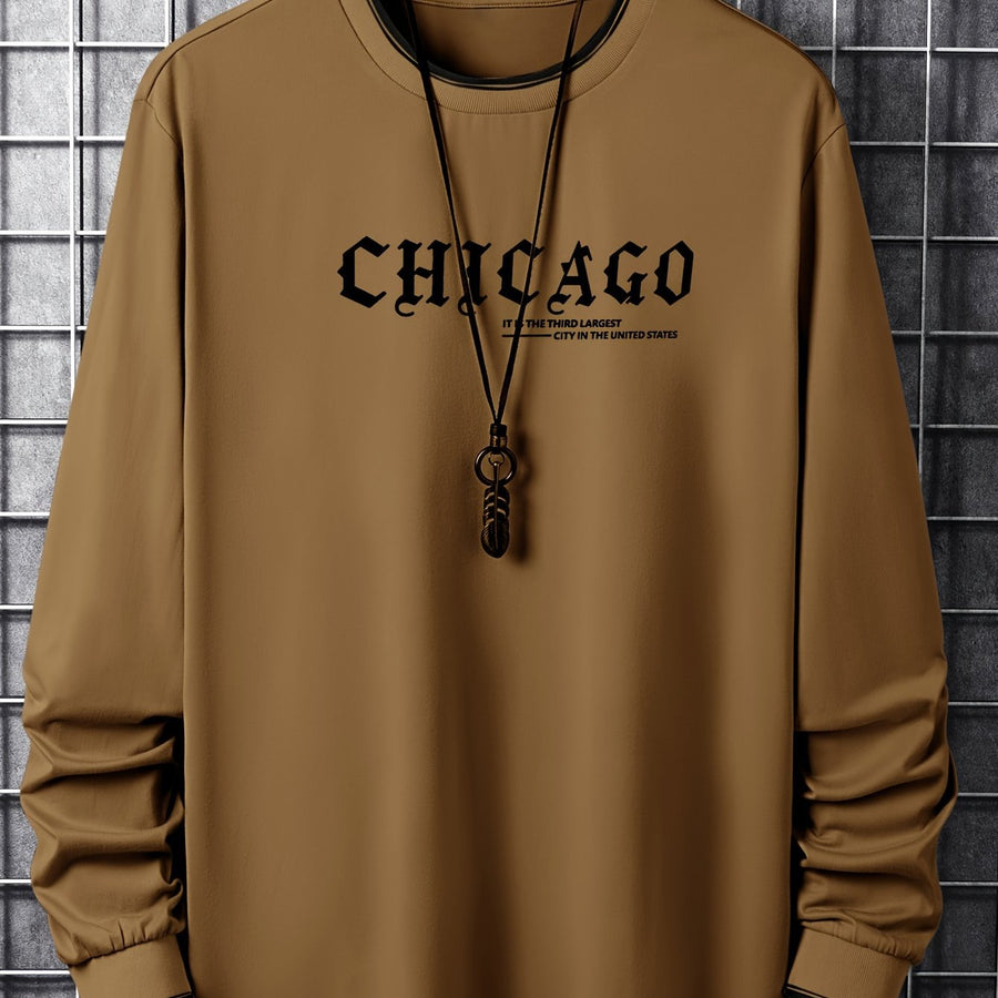 Tröja med lång ärm och Chicago-tryck, rund halsringning, randiga detaljer