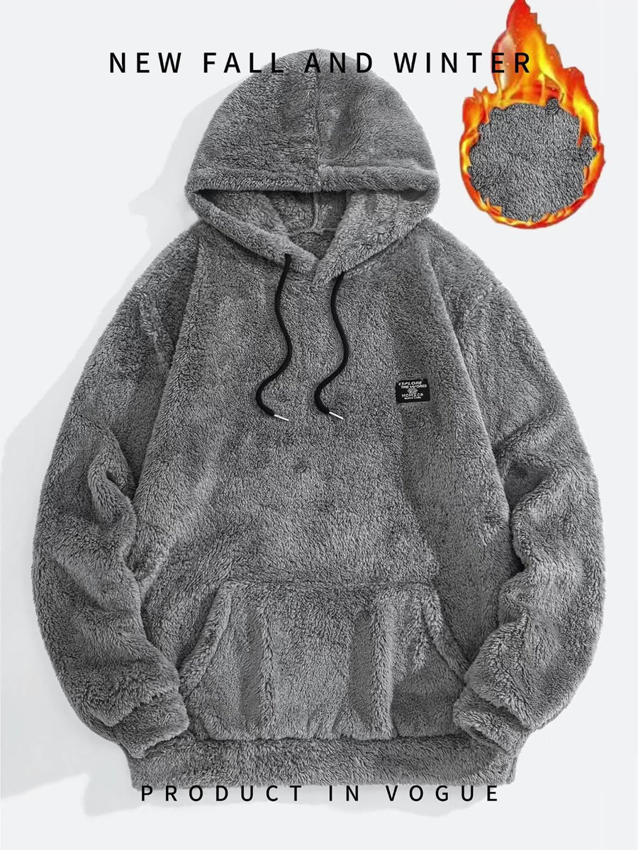 Unisex teddy fleece hoodie med huva och känguruficka, mysig tröja för dam och herr