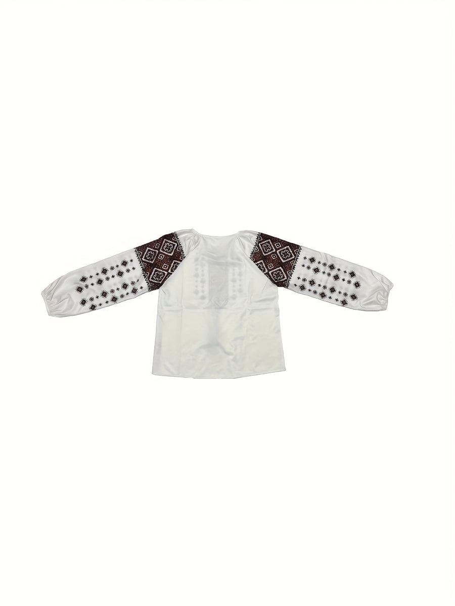 Vit Damblus med Broderat Mönster och Lång Ärm, Rund Halsringning