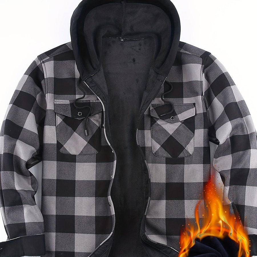 Men���s Plaid Hooded Thermal Flannel Shirt Jacket