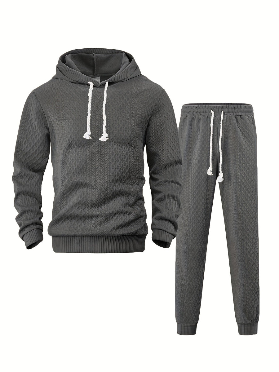 Rutigt Herr Set med Hoodie och Mjukisbyxor i Strukturerat Material