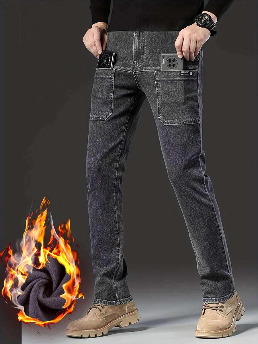 Herrjeans med fleecefoder svarta med raka ben och cargofickor