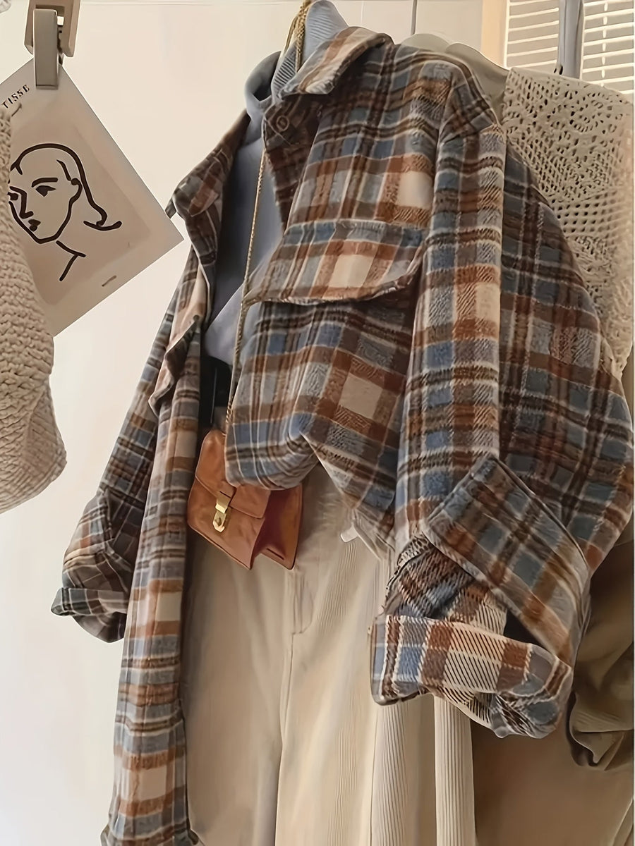 Rutig Overshirt i Mjukt Material med Bröstfickor, Flerfärgad