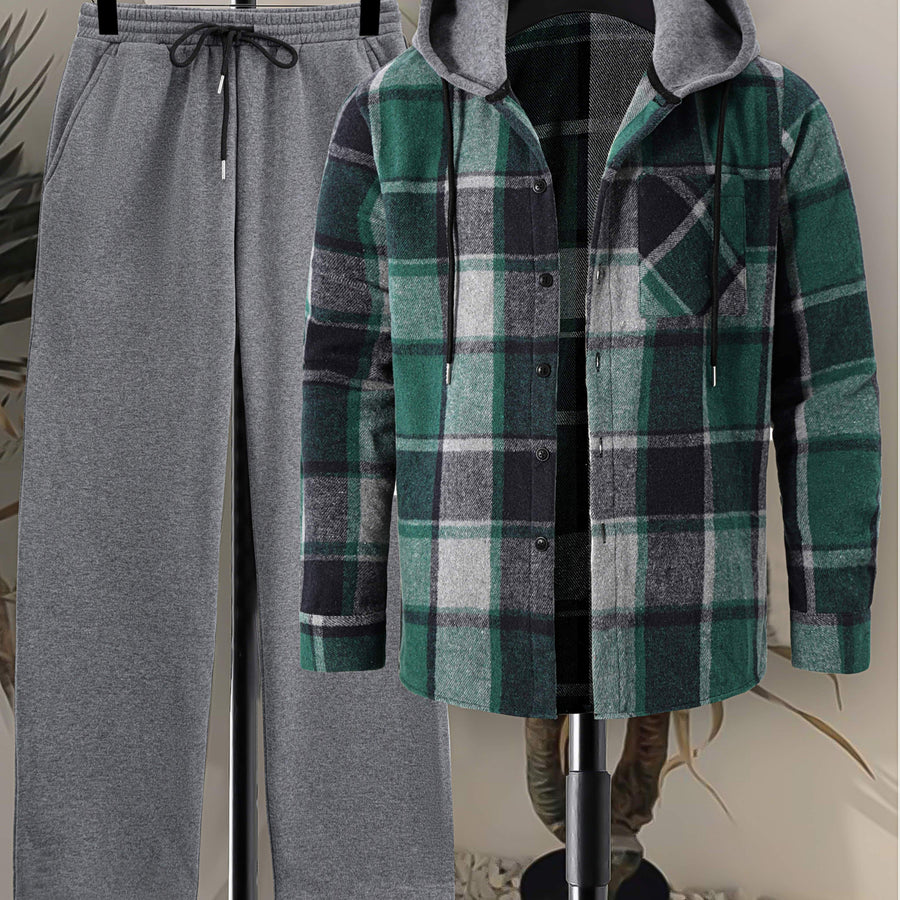 Rutig Hoodietröja med Skjortkrage och Byxor, Herrset med Långärmad Tröja och Sweatpants