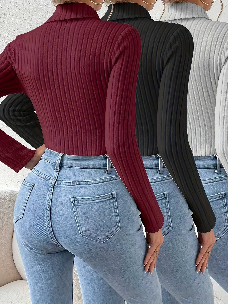 Ribbad långärmad polotröja bodysuit för dam