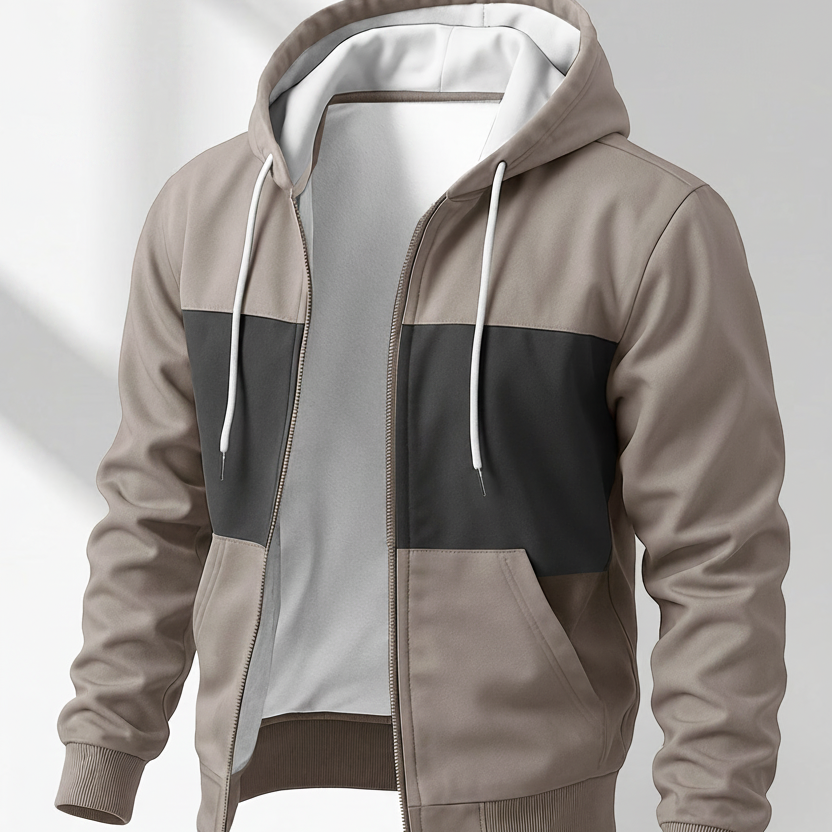 Hoodie med dragkedja, tvåfärgad blockdesign och luva