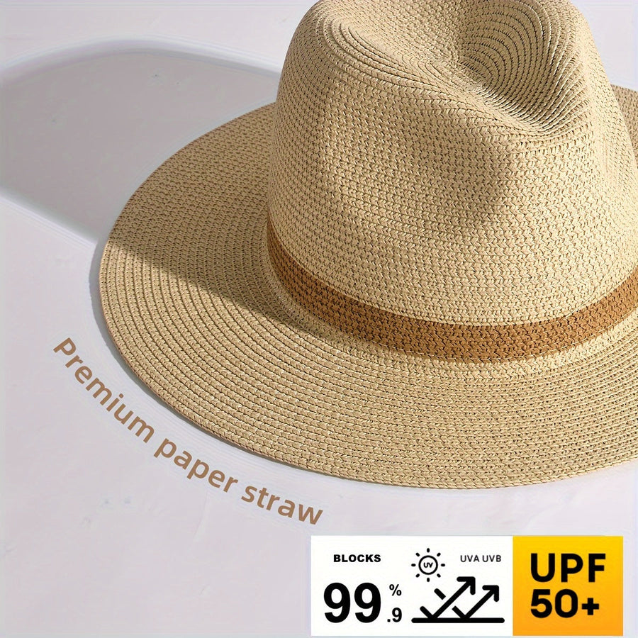 Fedora-hatt i halmimitation med band, khakifärgad
