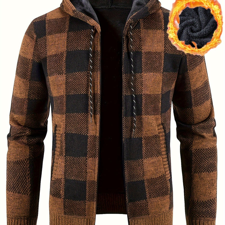 Rutig hoodie med dragkedja och mjukt foder