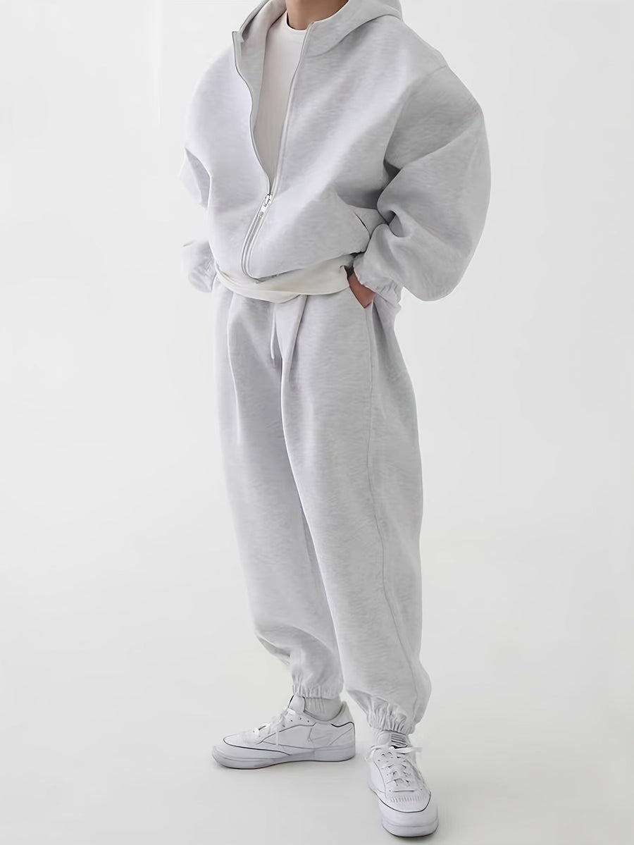 Hoodie och Mjukisbyxor Set, Ensfärgad Träningsset med Dragkedja