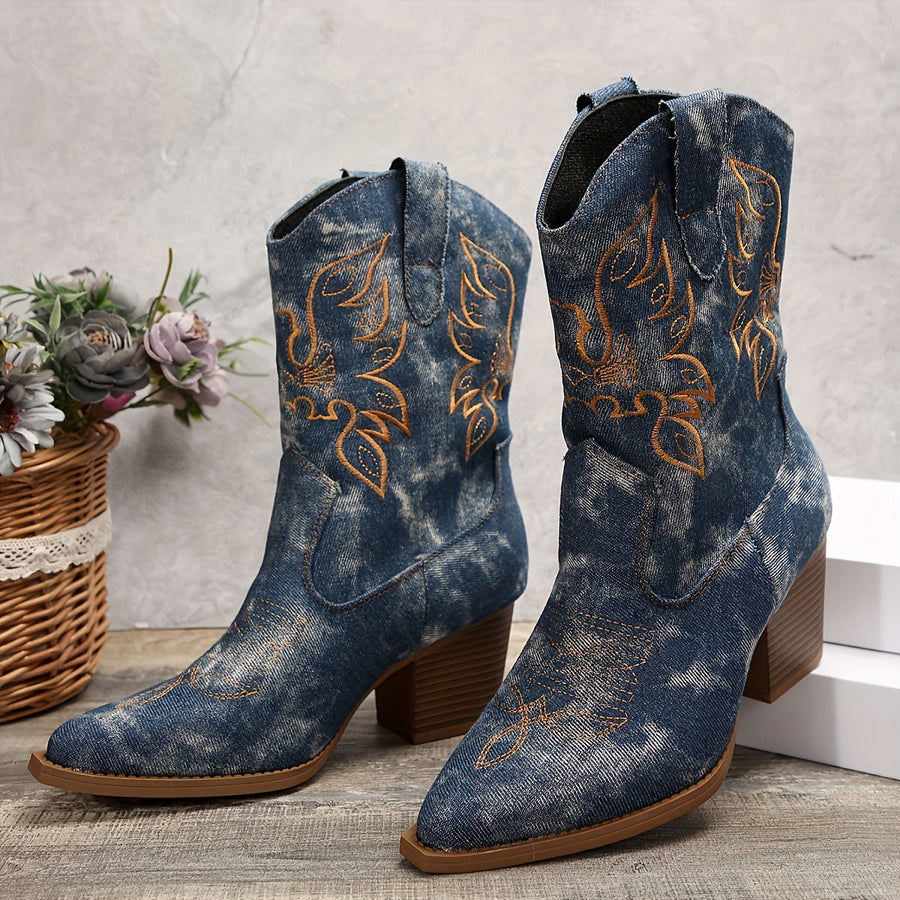 Cowboyboots med brodyr i denimlook och bred klack