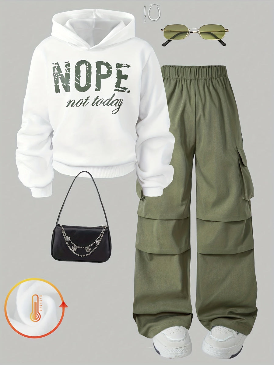 Unisex Hoodie & Cargobyxor Set Vit med Text Grön