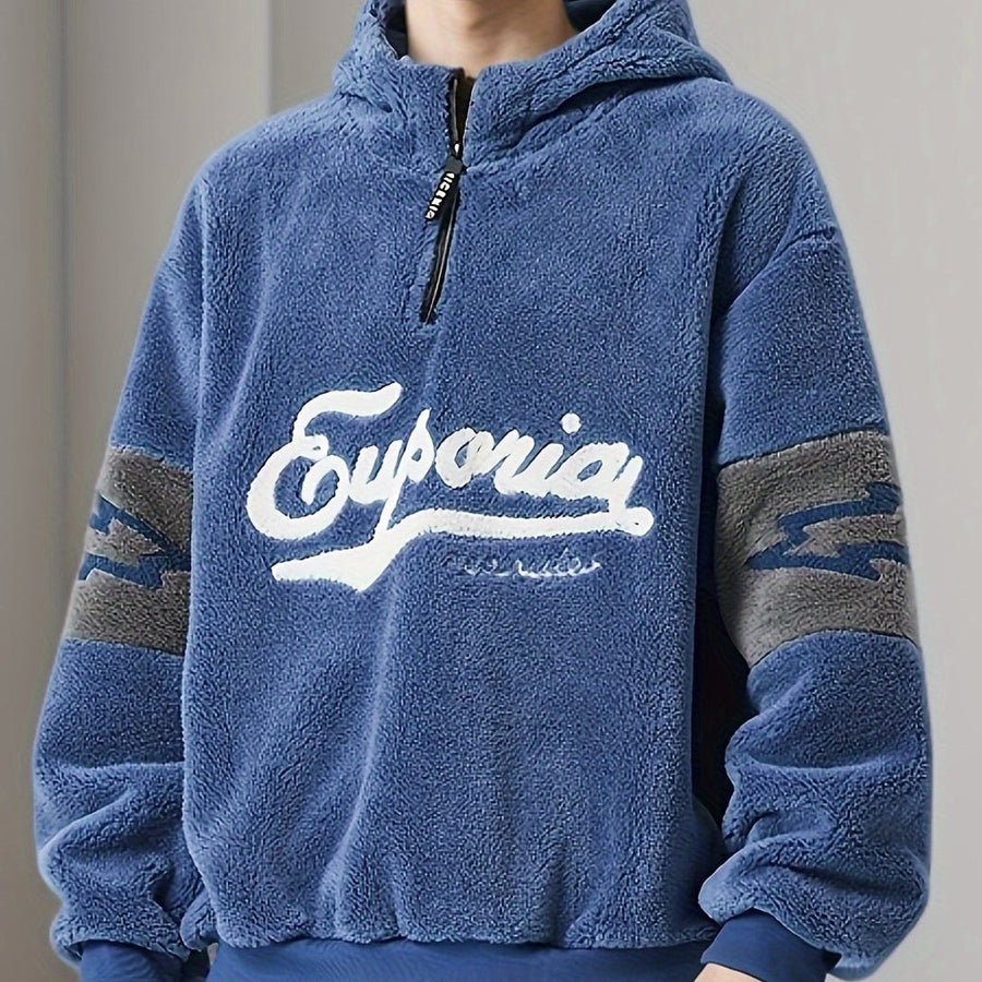 Fleecehuvtröja med halv dragkedja och broderad text, sportig design
