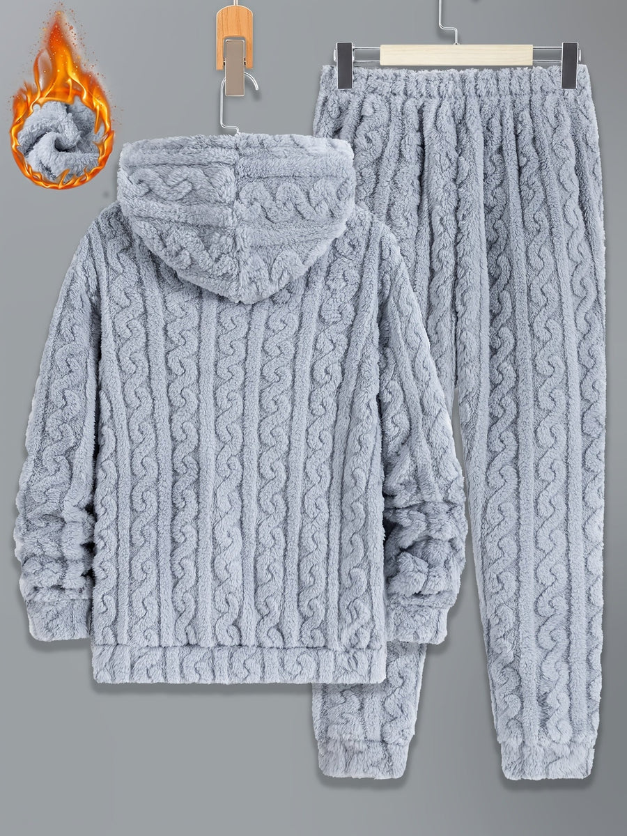 Herr Fluffig Hoodie och Byxor Set med Kabelstickat Mönster, Varm Mjuk Pyjamasdräkt