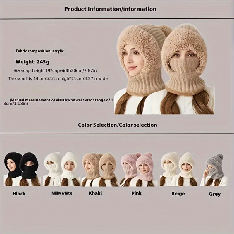 Stickad balaklava med foder i mjukt material och pompom - vintermössa med halsvärmare