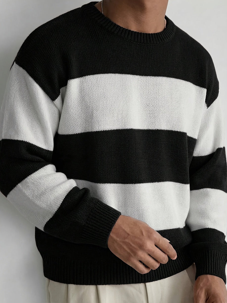 Randig Tröja med Rund Hals, Ribbstickade Muddar