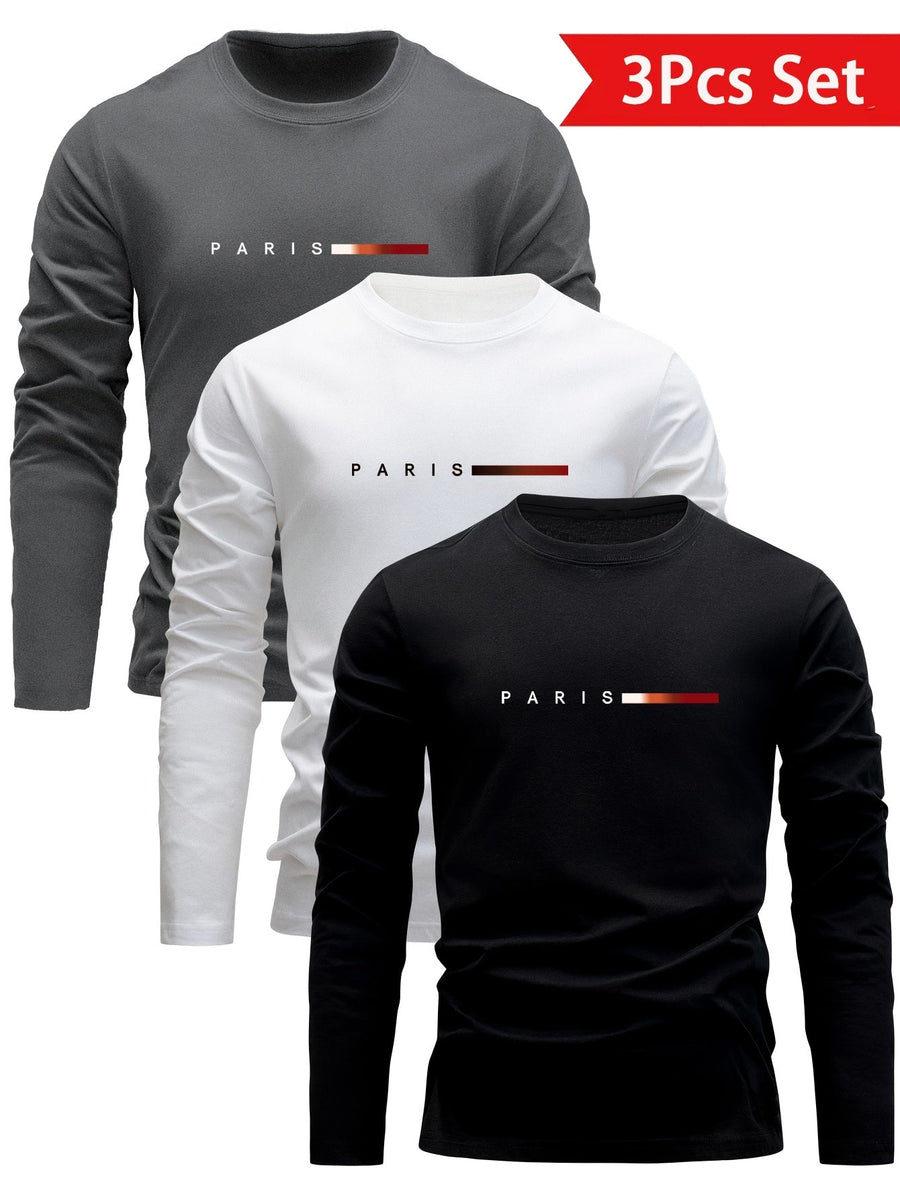 Set om 3 långärmade T-shirts med "PARIS" tryck - Grå, Vit och Svart